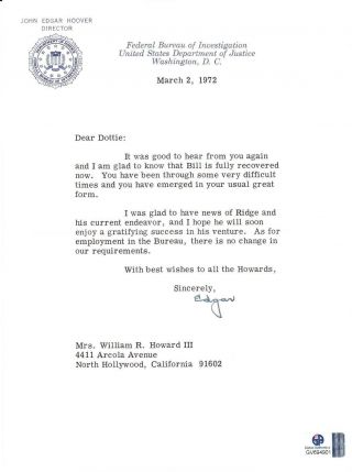 J.  Edgar Hoover Signed/autographed Official Fbi Letter With Global - President