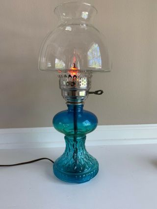 Vintage Turqouise Quilted Glass Hurricane Oil Lamp Converted To Electric