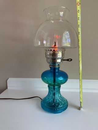 Vintage Turqouise Quilted Glass Hurricane Oil Lamp Converted To Electric 3