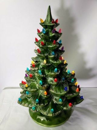 Vintage 17 " Handcrafted Ceramic Christmas Tree Green W Base Multi - Color Lights