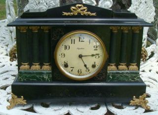 Ingraham Black Enamel Six Pillar Mantle Shelf Clock Bronze Ornaments Runs & Key