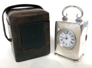 Antique Solid Silver Cased Miniature Carriage Clock With Leather Case 1902