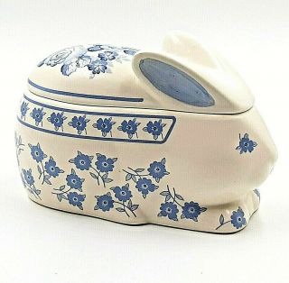 Vintage Bunny Rabbit Lidded Trinket Box Blue And White Floral Ceramic Japan