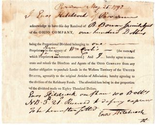 1792,  Ohio Land Company,  Shares Of Stock Issued As Pay,  Enos Hitchcock Signed
