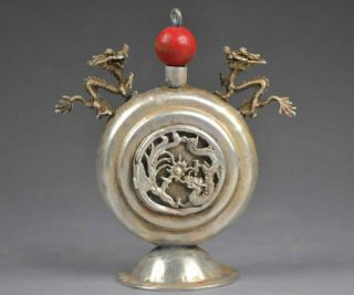 Chinese Old Copper Plating Silver Dragon Phoenix Snuff Bottle A02