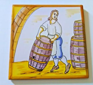 Vintage Hand Painted Spain Ceramic Primitive Tile Folk Art Woman Loading Barrels