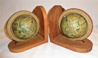 Vtg Set Old World Globe Bookends Wood Rotating Spinning - Hong Kong