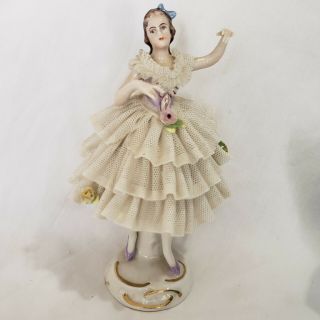 Vintage Dresden Ballerina Dancer Porcelain Lace Figurine Rare N Crown