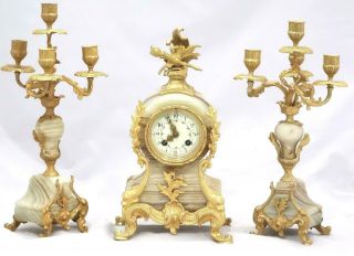 Antique French Mantle Clock 3 Piece Garniture Clock Set Striking 8 Day