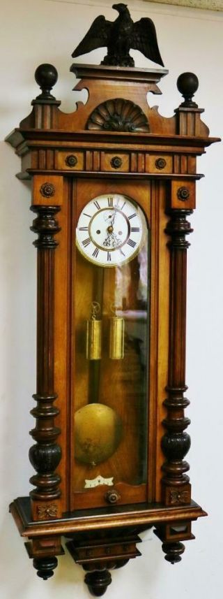 Antique German Twin Weight Driven 8 Day Striking Carved Walnut Vienna Wall Clock