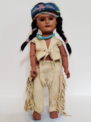 Antique German Bisque Head 8/0 Native American Indian Doll 8 " Peg Wooden Body