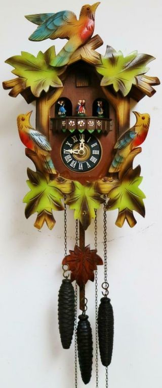 Vintage Black Forest Painted Triple Weight Musical Automaton Cuckoo Wall Clock