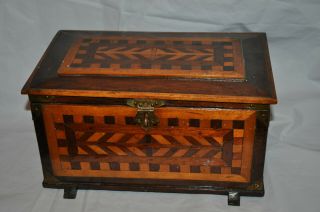 Antique Handmade Wood Folk Art Box Marquetry Inlay Storage Jewelry Cash Papers