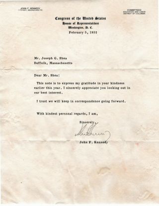 Authentic John F Kennedy Signed Letter 1952 United States