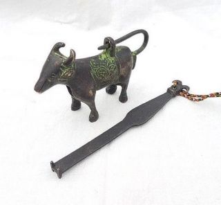 Vintage Old Antique Brass Handcrafted Cow Shape Lock With Long Key,  Collectible