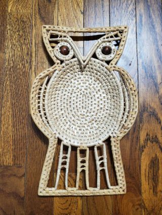 Vintage Owl Shaped Wicker Basket Lay Flat Or Wall Hanging Home Decor