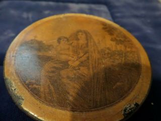 Antique 18th Century Decorated Wood Snuff Or Trinket Box 2 3/4 " Round