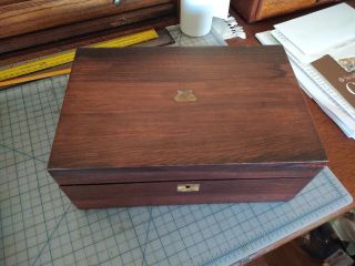 Antique Mahogany Folding Traveling Lap Desk Box With Inkwells