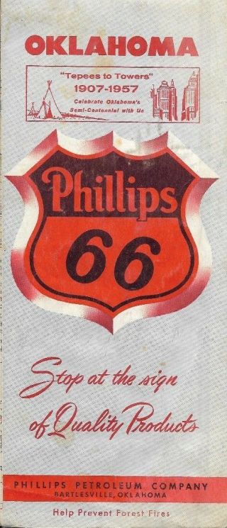 1957 Phillips 66 " Tepees To Towers " Road Map Oklahoma Route 66 Muskogee Ardmore