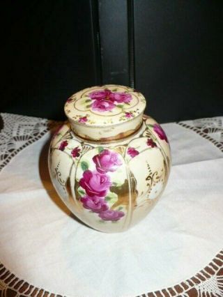 Antique Unmarked Hand Painted/japan? Dark Pink Floral/gold Accents Covered Jar