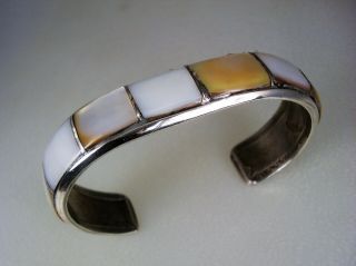 Old Zuni Navajo Sterling Silver & 10 Panel Mother - Of - Pearl Inlay Bracelet