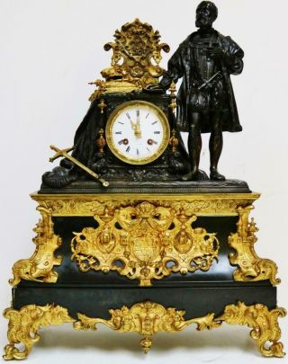 Large Antique French Empire,  8 Day Striking Bronze & Slate Figurine Mantel Clock