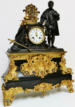 Large Antique French Empire,  8 Day Striking Bronze & Slate Figurine Mantel Clock 2