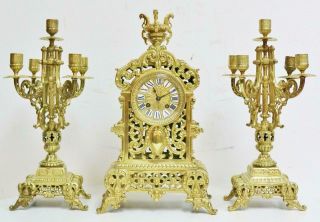 Antique French 8 Day Striking Pierced Bronze Ornate Mantel Clock Candelabras Set
