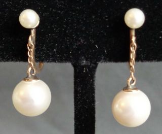 Antique Vintage Screw Back Earrings White Dangle Pearls 10k K10 Yellow Gold