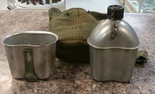 Ww2 Us Army 1945 Stainless Steel Canteen,  1944 Cup,  Cover And Belt - Vintage