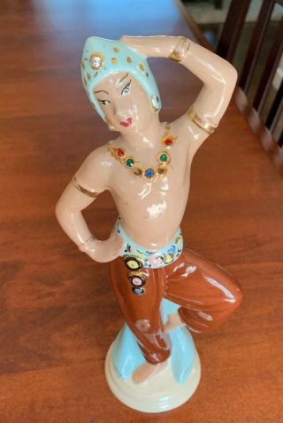 Vintage Figurine Male Belly Dancer Shirtless Ceramic10 " Aqua And Brown W/jewels