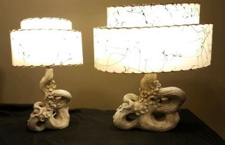 Vintage Pieri Dogwood Lamps W/ Two - Tier Splattered Fiberglass Shades