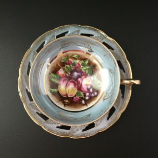 Royal Halsey Lusterware Iridescent Footed Tea Cup & Saucer Set w/ Fruit Scene 2