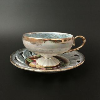 Royal Halsey Lusterware Iridescent Footed Tea Cup & Saucer Set w/ Fruit Scene 3