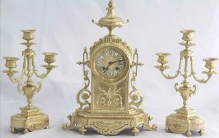 French Antique 19th C Gilt Embossed Bronze Mantle Clock Garniture Set