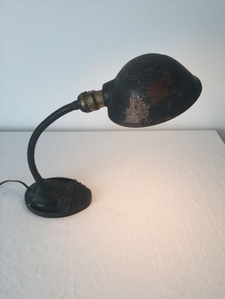Antique Cast Iron Base Gooseneck Desk Table Task Lamp Steampunk Old Green Paint