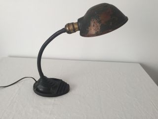 Antique Cast Iron Base Gooseneck Desk Table Task Lamp Steampunk OLD GREEN PAINT 3