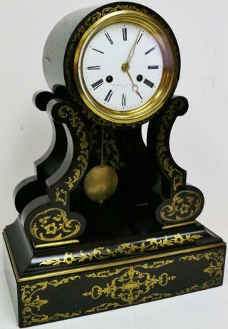Rare Antique French Boulle Portico Mantel Clock 8 Day Striking Inlaid Drumhead 3