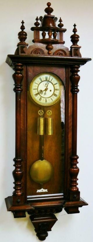 Antique German Twin Weight 8 Day Striking Carved Deep Mahogany Vienna Wall Clock
