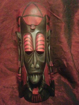 Vntg African Tribal Wooden Mask Hand Carved/painted Wall Decor 18 " H 8 " W Blk - Red