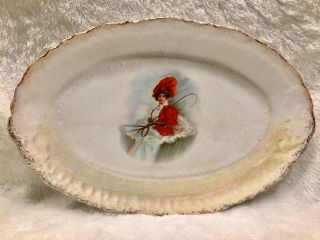 Antique 12” Porcelain Portrait Platter Pretty Woman Fur Lined Carriage No Chips