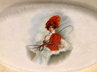 Antique 12” Porcelain Portrait Platter Pretty Woman Fur Lined Carriage No Chips 2