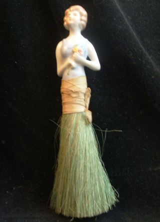 Vintage Porcelain Vanity Half Doll Green Clothes Brush Whisk Made In Japan