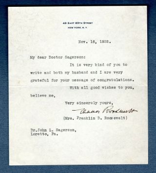Eleanor Roosevelt Autographed Signed Tls 1932 First Lady Of President Roosevelt