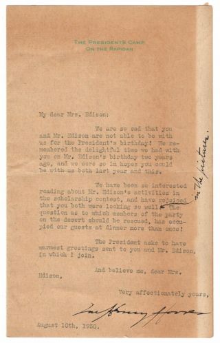 Mr & Mrs Herbert Hoover Typed Letter Signed - Invite Thomas Edison To Birthday