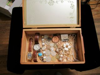 Junk Drawer Box 14k Gold Italy Sterling Old Coins Watches Vintage Box Thai 925