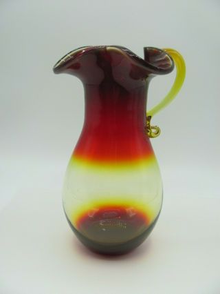 Blenko Amberina Pitcher Saddle Spout Applied Handle Vintage 9” Red Yellow Clear