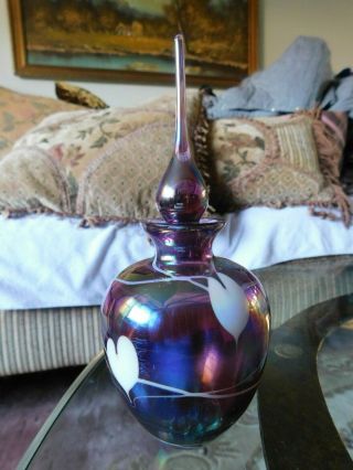 Vintage Murano Art Glass Perfume Bottle W/ Glass Stopper Iridescent Blue Hearts
