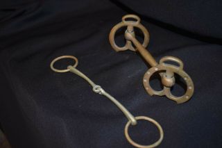 2 Antique Horse Bridle Bits 5 " O Ring Snaffle & 4 1/2 " Decorative Straight Bit