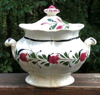Antique Hand Painted Covered Pottery Sugar Bowl,  C.  1800